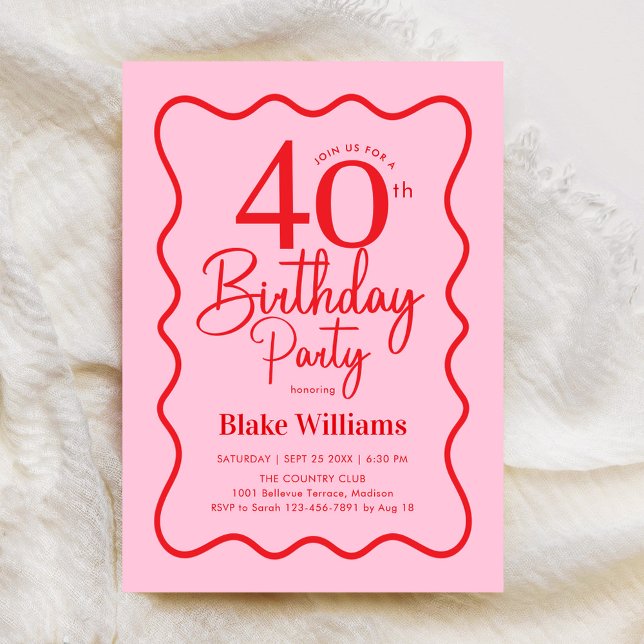 Pink Red Retro 40th Birthday Wavy Border Einladung (Von Creator hochgeladen)