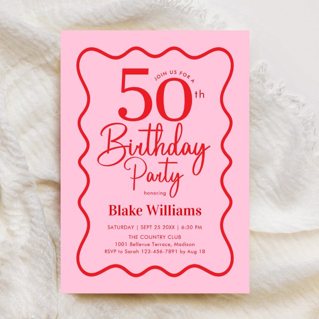 Pink Red Retro 50th Birthday Wavy Border Einladung (Von Creator hochgeladen)