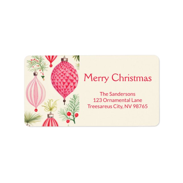 Pink Red Retro Ornaments Christmas Label Adressaufkleber (Vorne)