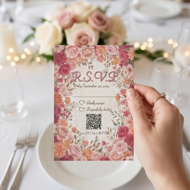 Pink & Red Romantic Spring Floral QR Code Wedding RSVP Karte (Von Creator hochgeladen)