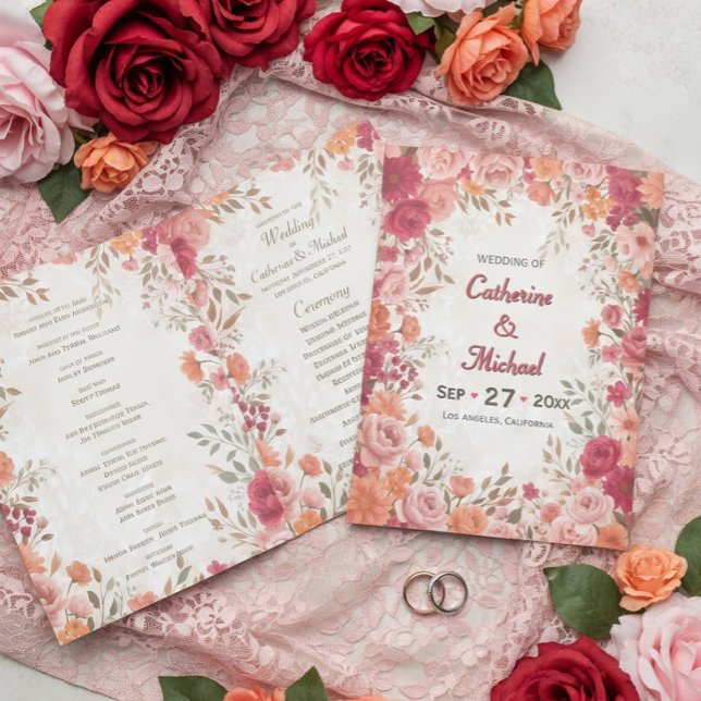 pink & Red Romantic Spring Wedding Programm (Top view of pink red orange watercolor floral spring wedding program)