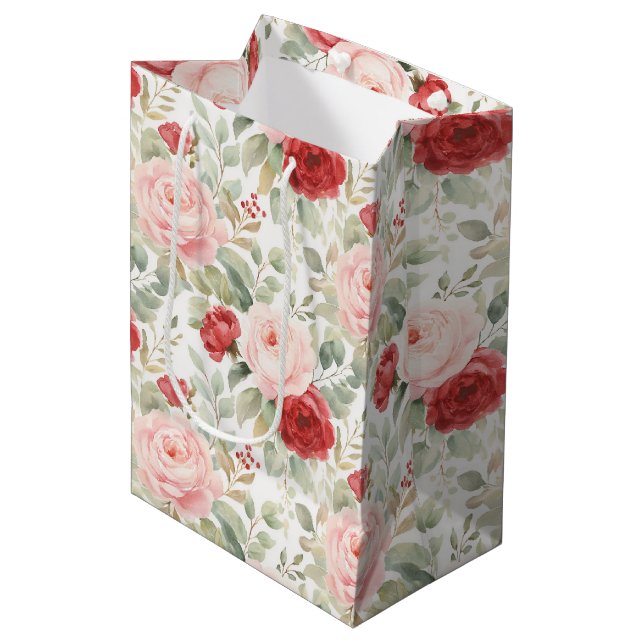 Pink Red Roses Floral Bridal Shower Mittlere Geschenktüte (Vorderseite Schrägansicht)