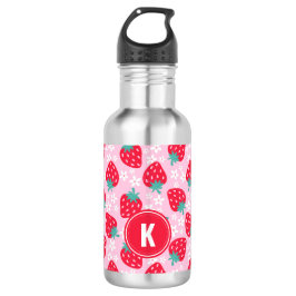 Pink Red Strawberries Floral Pattern Monogram Edelstahlflasche