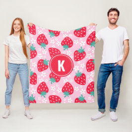 Pink Red Strawberries Floral Pattern Monogram Fleecedecke
