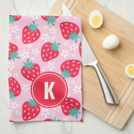 Pink Red Strawberries Floral Pattern Monogram Geschirrtuch