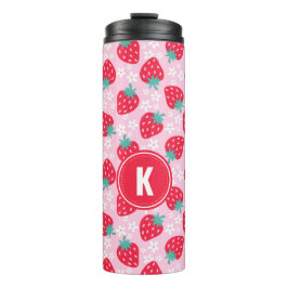 Pink Red Strawberries Floral Pattern Monogram Thermosbecher