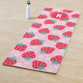 Pink Red Strawberries Floral Pattern Monogram Yogamatte
