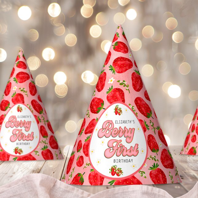 PInk Red Strawberry First Birthday Berry First Partyhütchen (Von Creator hochgeladen)