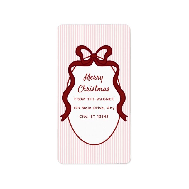 Pink Red Stripes & Bow Frame Christmas  Adressaufkleber (Vorne)