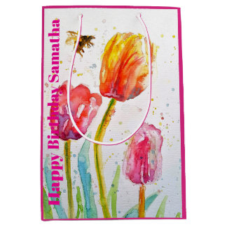 Pink Red Tulip Flower Watercolor Womans BIrthday Mittlere Geschenktüte