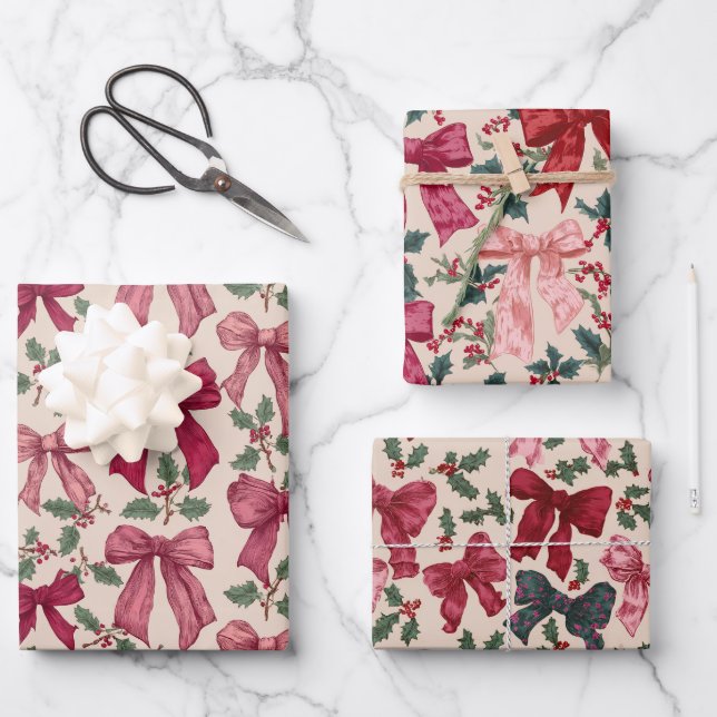 Pink Red Vintag Bows Weihnachten Geschenkpapier Set (Vorderseite)