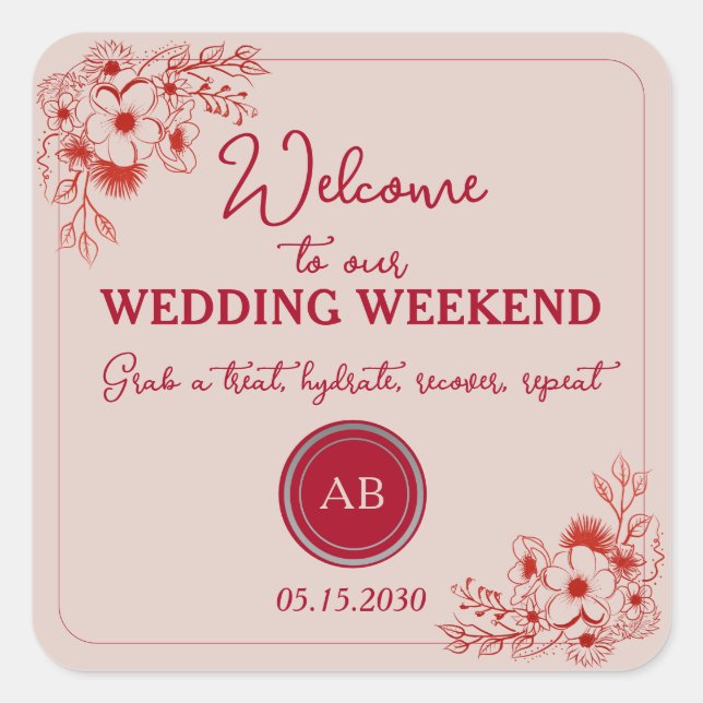 Pink Red Wedding Weekend Welcome Quadratischer Aufkleber (Vorderseite)