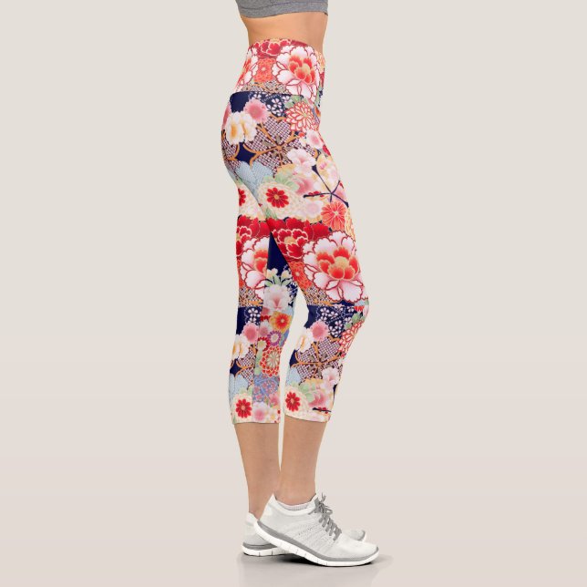PINK RED WHITE BLUME Peony, Rose Japanisches Blume Capri Leggings (Rechts)