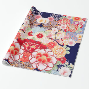PINK RED WHITE BLUME Peony, Rose Japanisches Blume Geschenkpapier