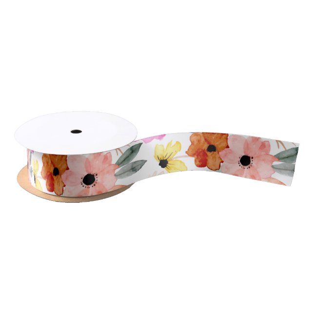 Pink, Red, Yellow Floral Flowers Watercolor Satinband (Spule)