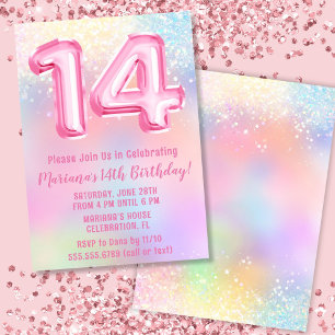 Pink Regenbogen 14. Geburtstag Einladung