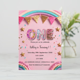 Pink Regenbogen 1. Geburtstag Sequin Regenbogen Mä Einladung