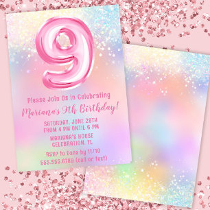 Pink Regenbogen 9. Geburtstag Einladung