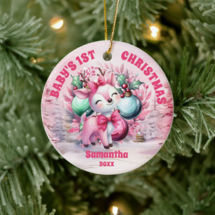 Pink Reindeer Baby 1. Weihnachtsgeschenk Foto Orna Keramik Ornament