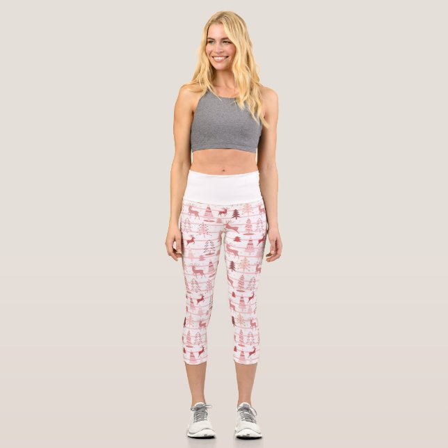PINK REINDEER & CHRISTMAS BÄUME CUSTOM MONOGRAM CAPRI LEGGINGS (Vorderseite)