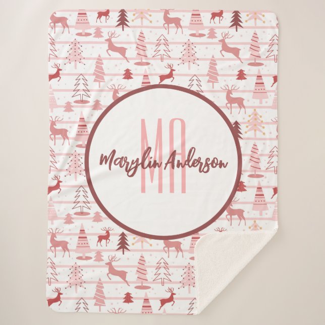 PINK REINDEER & CHRISTMAS BÄUME CUSTOM MONOGRAM SHERPADECKE (Vorderseite)