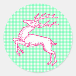 Pink Reindeer Green Gingham Runder Aufkleber