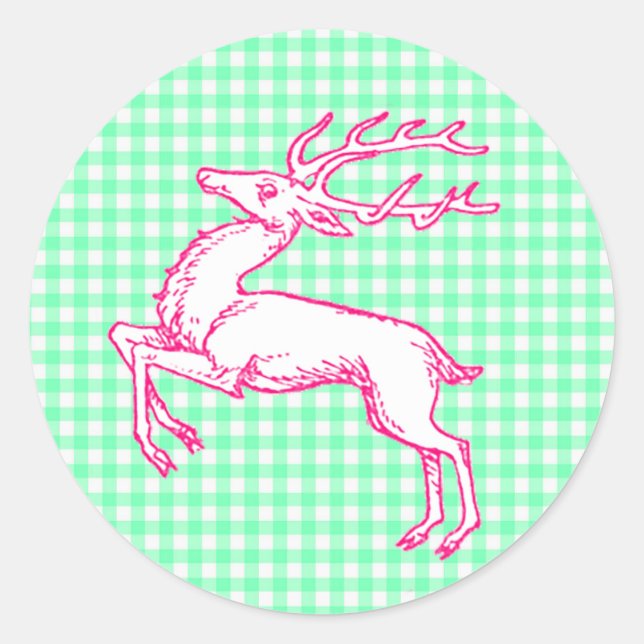 Pink Reindeer Green Gingham Runder Aufkleber (Vorderseite)