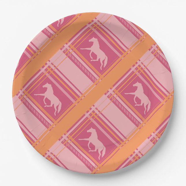 Pink Reittier Kariert Pony Pattern Pappteller (Vorderseite)
