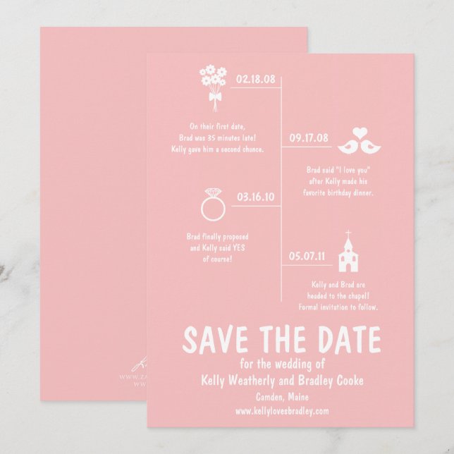 Pink Relationship Timeline Wedding Save the Date Einladung (Vorne/Hinten)