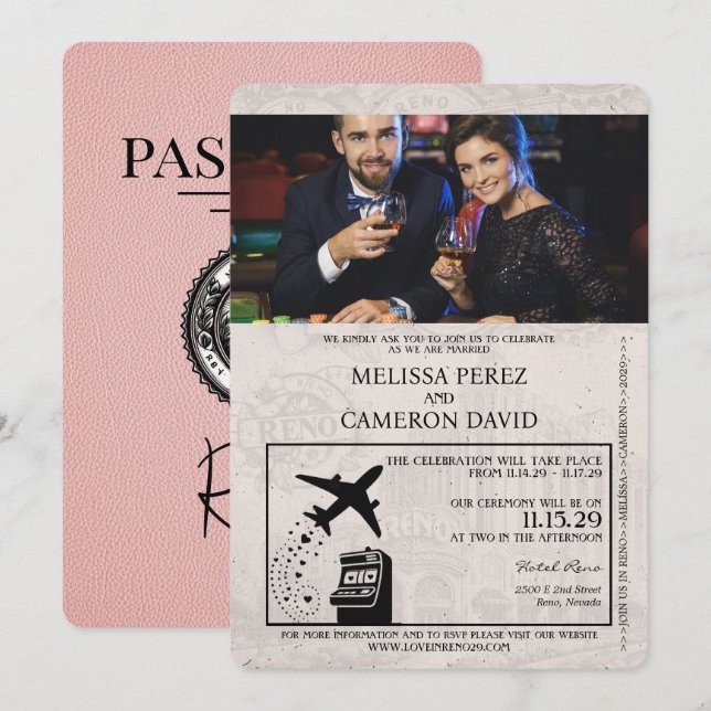 Pink Reno Passport Hochzeit Einladung (Vorne/Hinten)