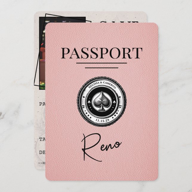 Pink Reno Passport Save the Date (Vorne/Hinten)