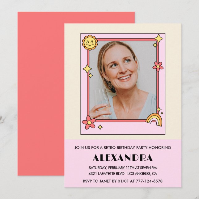Pink Retro 70er Groovy Foto 43. Geburtstag Einladung (Vorne/Hinten)