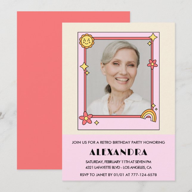 Pink Retro 70er Groovy Foto 84. Geburtstag Einladung (Vorne/Hinten)