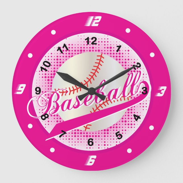 Pink-Retro Baseball-Art Große Wanduhr (Vorderseite)