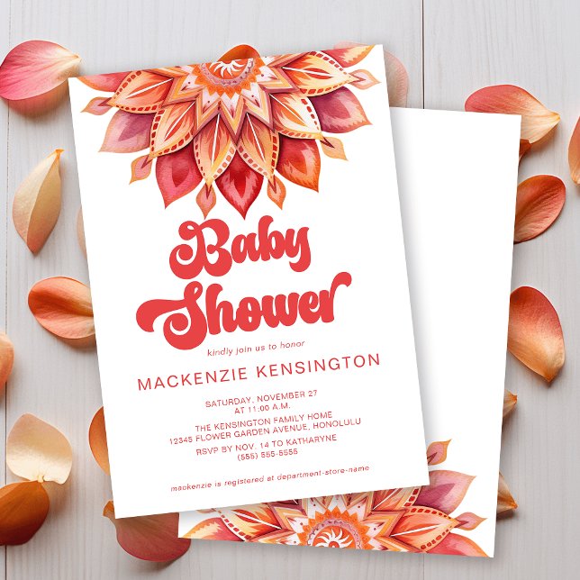 Pink Retro Boho Moderne Hippie Baby Dusche Einladung (Modern Hippie Retro Boho Baby Shower Invitation)