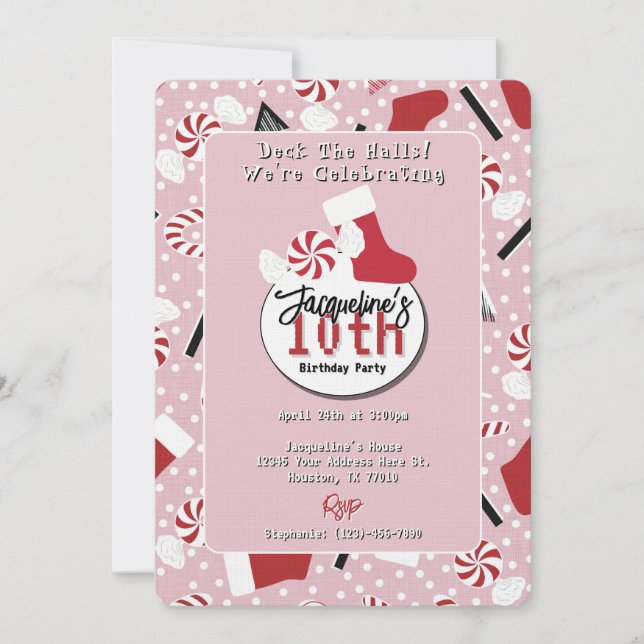 Pink Retro Christmas Peppermint Birthday Einladung (Vorderseite)