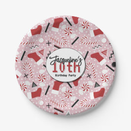 Pink Retro Christmas Peppermint Birthday Pappteller
