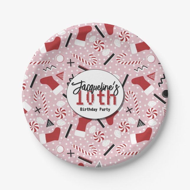 Pink Retro Christmas Peppermint Birthday Pappteller (Vorderseite)