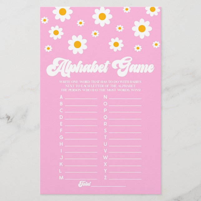 Pink Retro Daisy Alphabet Baby Showspiel Briefpapier (Vorderseite)