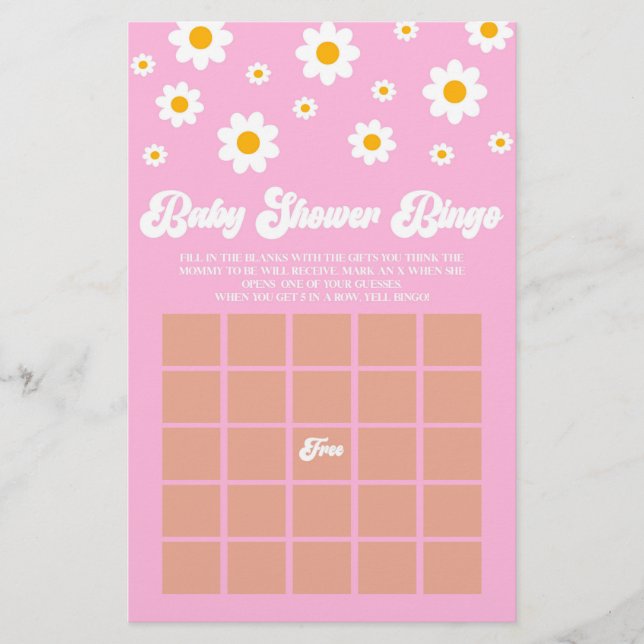 Pink Retro Daisy Bingo Baby Showspiel Briefpapier (Vorderseite)
