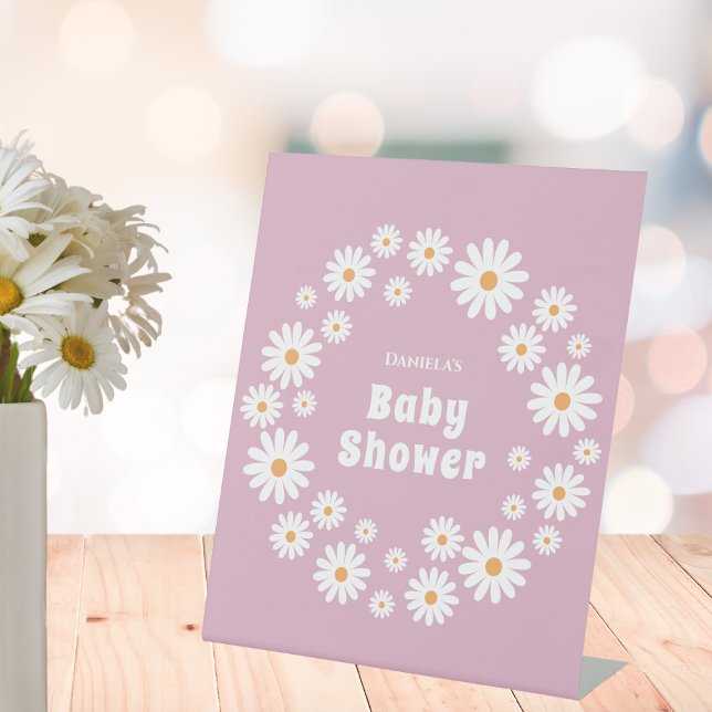 Pink Retro Daisy Wreath Groovy Girl Babydusche Sockelschild (daisy baby girl shower welcome sign pink daisy wreath daisies flower power)