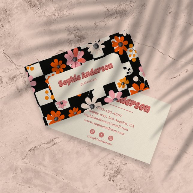 Pink Retro Floral Checkered Business Card Visitenkarte (Von Creator hochgeladen)