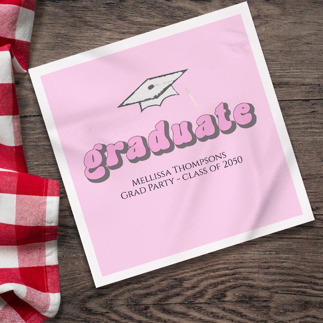 Pink Retro Graduation Party Custom Luncheon Serviette (Pink Graduation retro style luncheon napkin.)