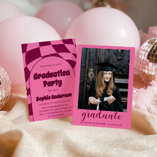 Pink Retro Groovy Arch with Photo Graduation Party Einladung