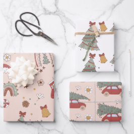 Pink Retro Groovy Car Weihnachtsbaum Geschenkpapier Set