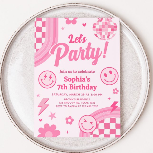 Pink Retro Groovy Geburtstagsparty Einladung (Pink Retro Groovy Let's Party Birthday Party Invitation)