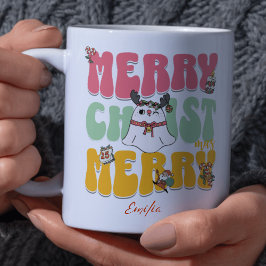 Pink Retro Groovy Merry Christmas Kawaii Name Tasse