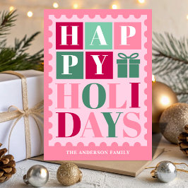 Pink Retro Happy Holidays Christmas Postage Stamp Feiertagskarte