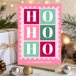 Pink Retro Ho Ho Ho Christmas Postage Stamp Feiertagskarte