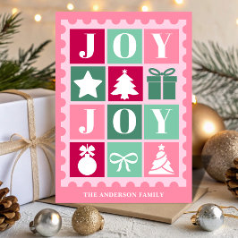 Pink Retro Joy Christmas Postage Stamp Feiertagskarte